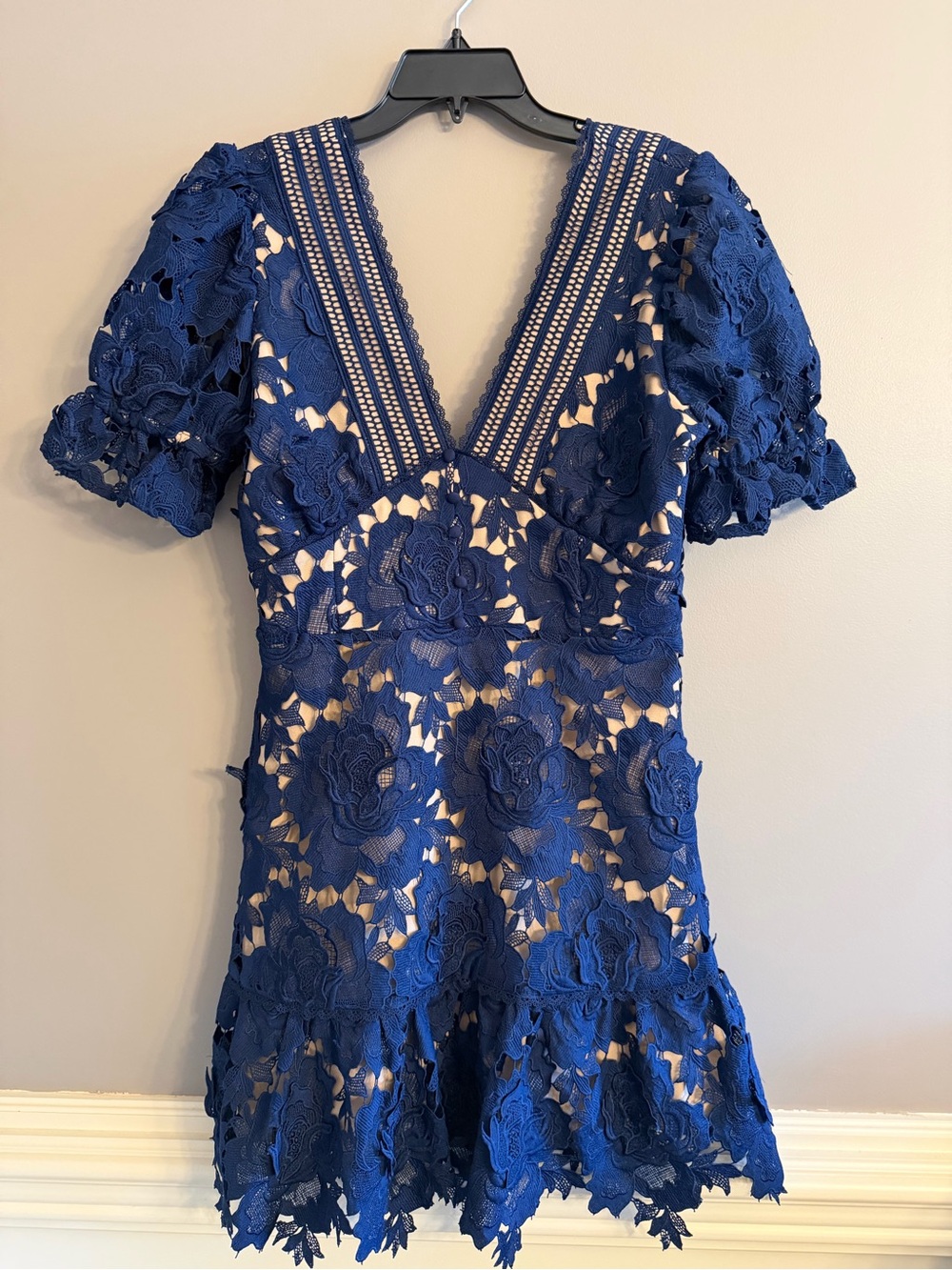 Adelyn Rae Navy Blue Floral Guipure Lace Deep V-Neck Mini Dress Coquette Large